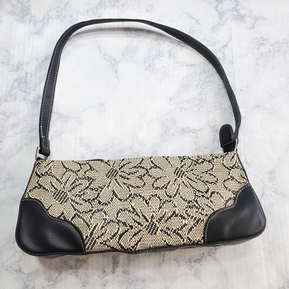 Mini Bag Cream Black Floral 90s Y2K Woven Plastic Design Zippered top